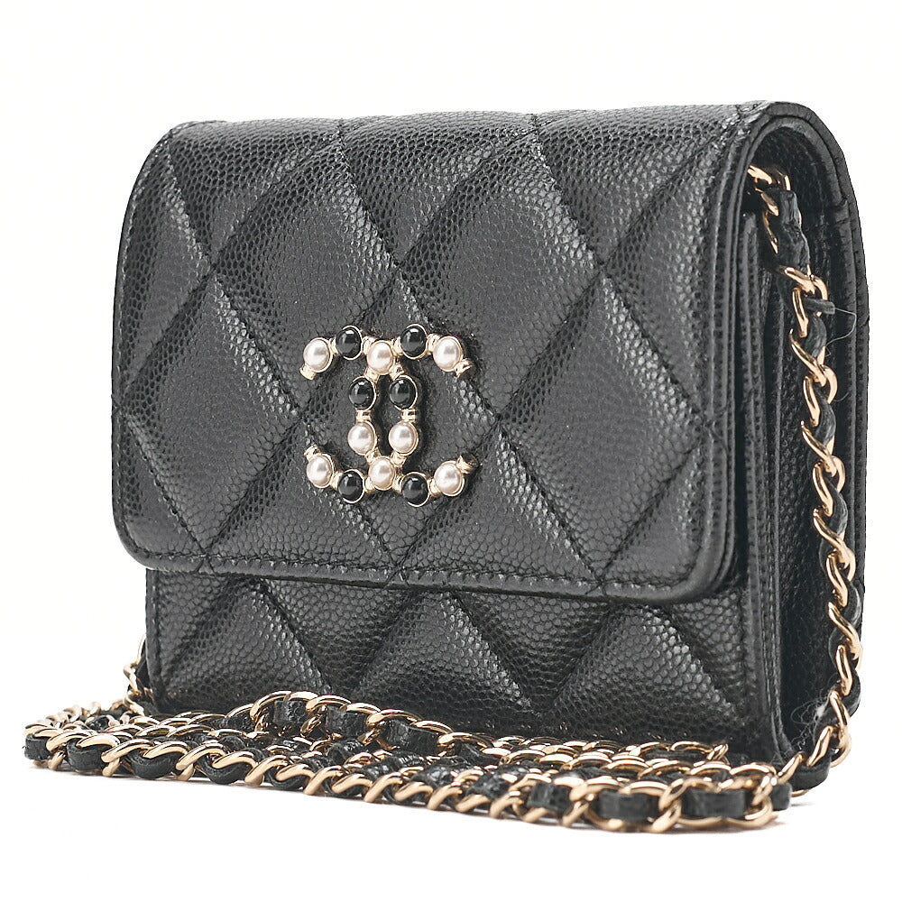 CHANEL Caviar Skin Mini Matless? Fic Pearl Chain Shoulder Pouch Black Gold-Tone Hardware, Pre-Owned