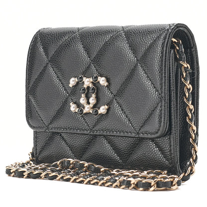 CHANEL Caviar Skin Mini Matless? Fic Pearl Chain Shoulder Pouch Black Gold-Tone Hardware, Pre-Owned