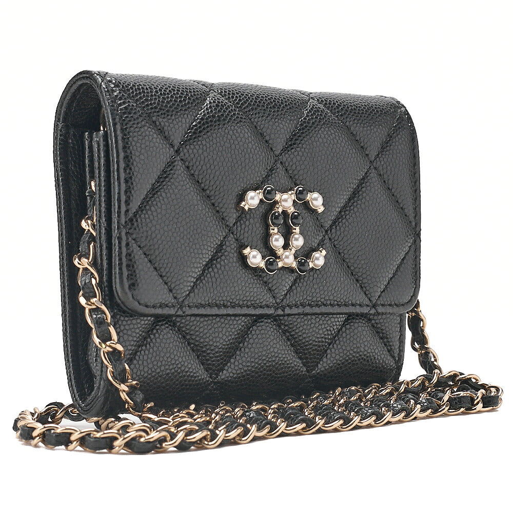 CHANEL Caviar Skin Mini Matless? Fic Pearl Chain Shoulder Pouch Black Gold-Tone Hardware, Pre-Owned