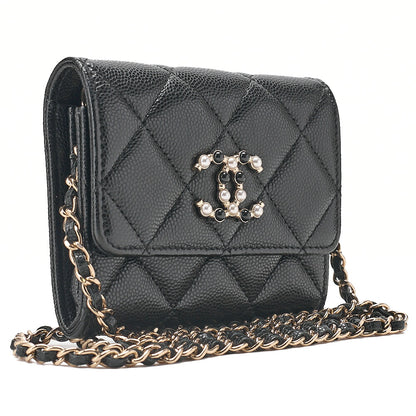 CHANEL Caviar Skin Mini Matless? Fic Pearl Chain Shoulder Pouch Black Gold-Tone Hardware, Pre-Owned