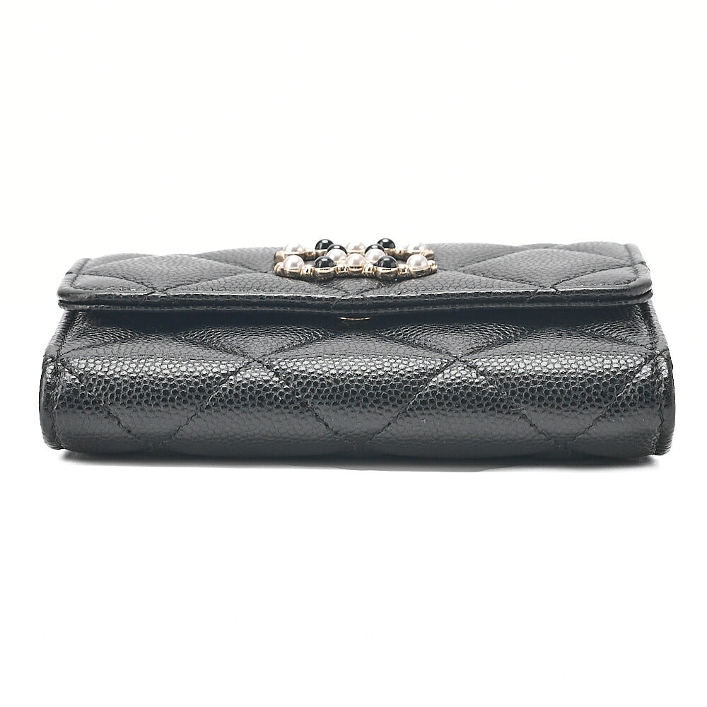 CHANEL Caviar Skin Mini Matless? Fic Pearl Chain Shoulder Pouch Black Gold-Tone Hardware, Pre-Owned