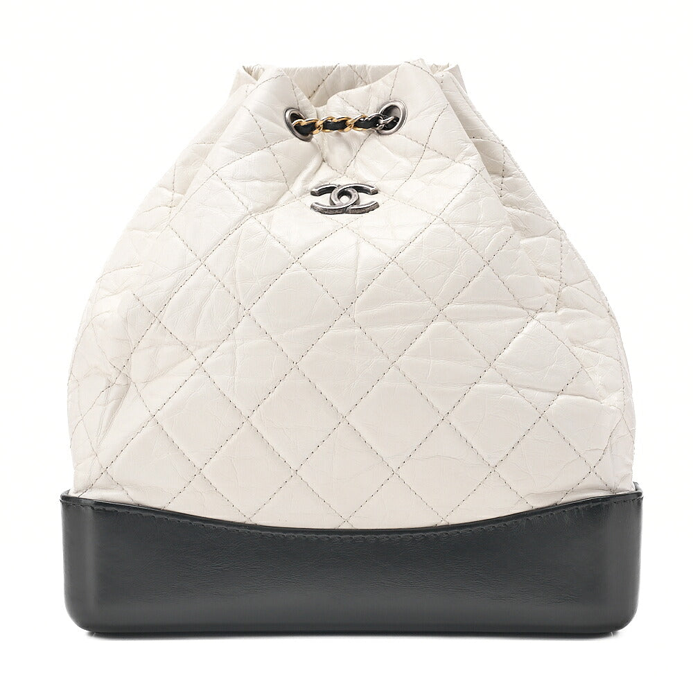 CHANEL Vintage Calf Gabrielle de Chanel Drawstring Chain Backpack White x Black Gold x Silver-Tone Hardware, Pre-Owned