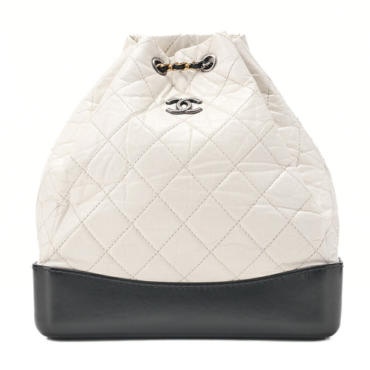 CHANEL Vintage Calf Gabrielle de Chanel Drawstring Chain Backpack White x Black Gold x Silver-Tone Hardware, Pre-Owned