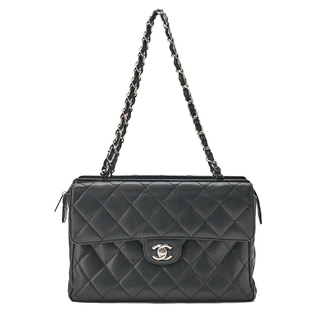 CHANEL Caviar Skin Matelasse Outside Flap Chain Shoulder Black Silver-Tone Hardware, Pre-Owned