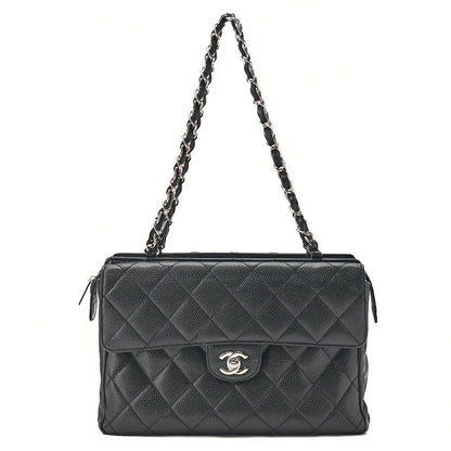 CHANEL Caviar Skin Matelasse Outside Flap Chain Shoulder Black Silver-Tone Hardware, Pre-Owned