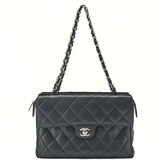 CHANEL Caviar Skin Matelasse Outside Flap Chain Shoulder Black Silver-Tone Hardware, Pre-Owned