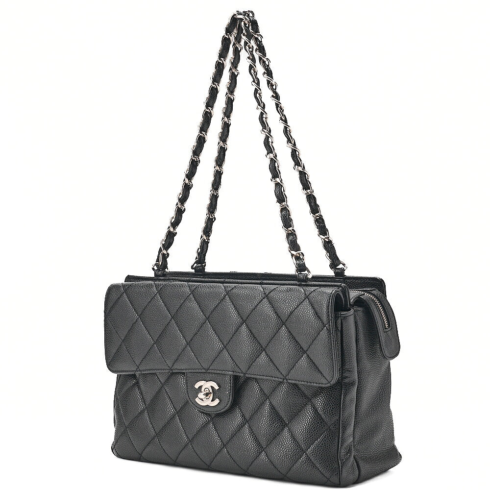 CHANEL Caviar Skin Matelasse Outside Flap Chain Shoulder Black Silver-Tone Hardware, Pre-Owned