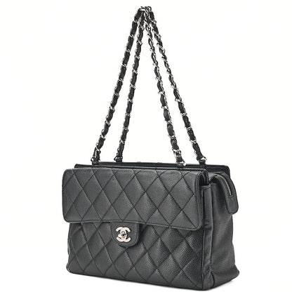CHANEL Caviar Skin Matelasse Outside Flap Chain Shoulder Black Silver-Tone Hardware, Pre-Owned