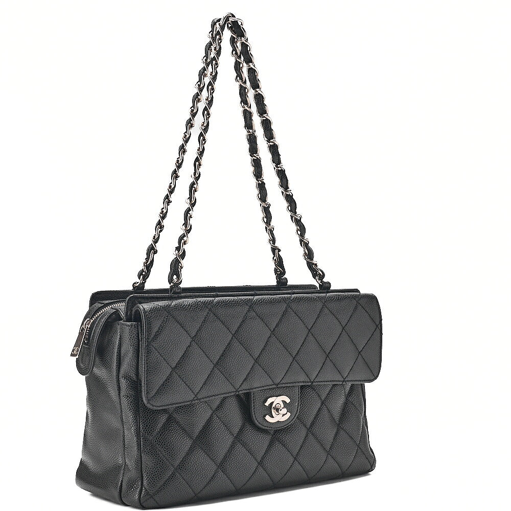 CHANEL Caviar Skin Matelasse Outside Flap Chain Shoulder Black Silver-Tone Hardware, Pre-Owned