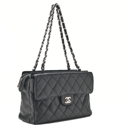 CHANEL Caviar Skin Matelasse Outside Flap Chain Shoulder Black Silver-Tone Hardware, Pre-Owned