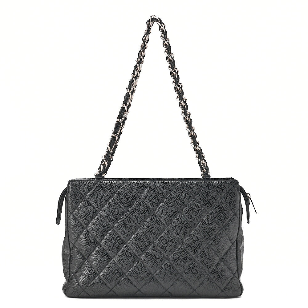 CHANEL Caviar Skin Matelasse Outside Flap Chain Shoulder Black Silver-Tone Hardware, Pre-Owned