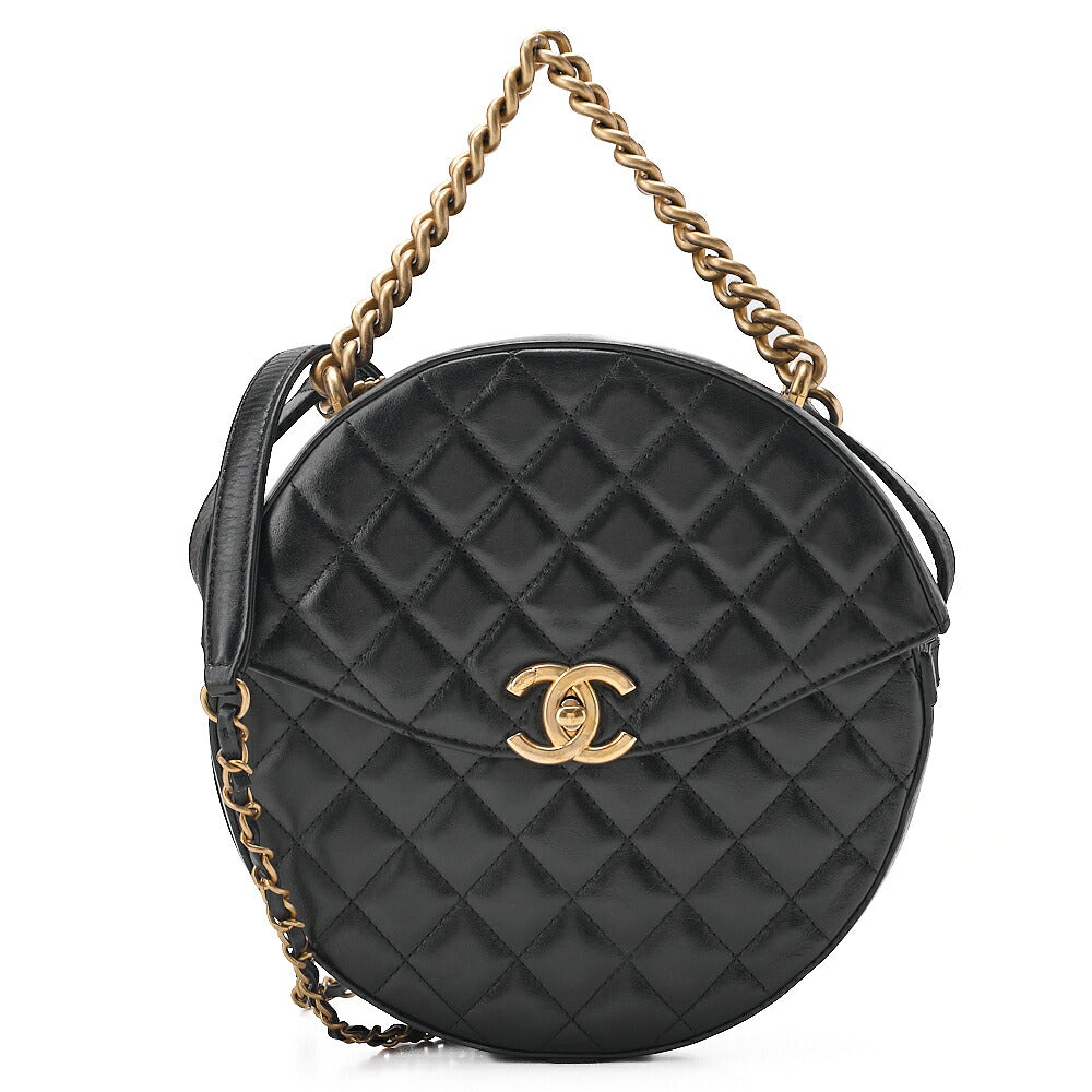 CHANEL Lambskin Matelasse Round Turn Lock 2-Way Chain Shoulder Black Gold-Tone Hardware, Pre-Owned