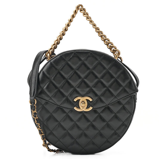 CHANEL Lambskin Matelasse Round Turn Lock 2-Way Chain Shoulder Black Gold-Tone Hardware, Pre-Owned