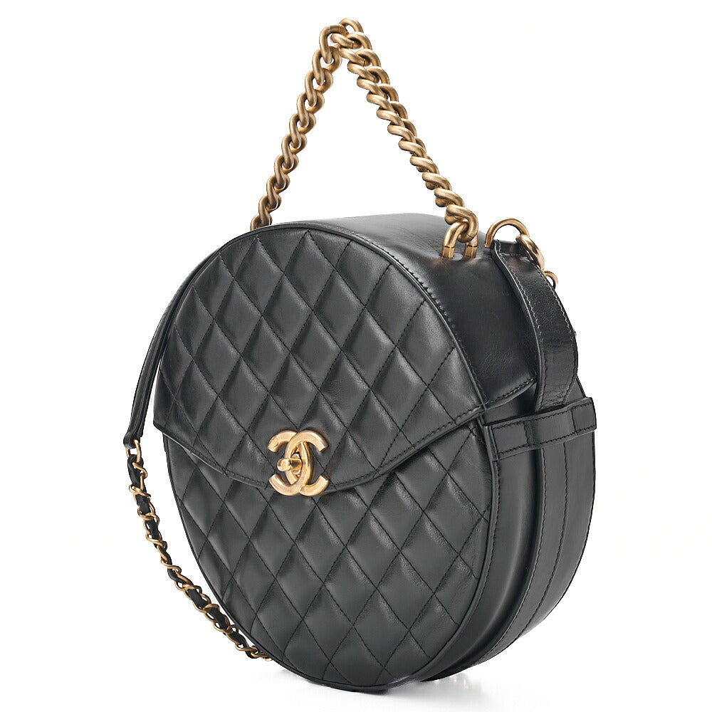 CHANEL Lambskin Matelasse Round Turn Lock 2-Way Chain Shoulder Black Gold-Tone Hardware, Pre-Owned