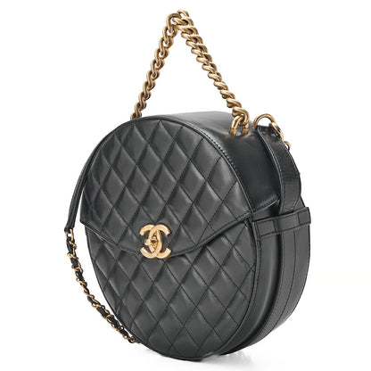 CHANEL Lambskin Matelasse Round Turn Lock 2-Way Chain Shoulder Black Gold-Tone Hardware, Pre-Owned