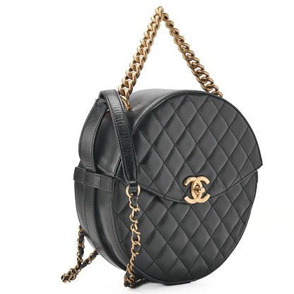 CHANEL Lambskin Matelasse Round Turn Lock 2-Way Chain Shoulder Black Gold-Tone Hardware, Pre-Owned