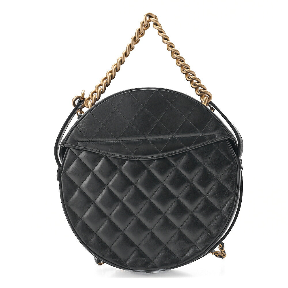 CHANEL Lambskin Matelasse Round Turn Lock 2-Way Chain Shoulder Black Gold-Tone Hardware, Pre-Owned