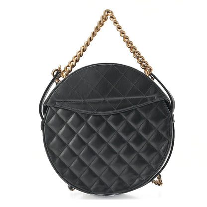 CHANEL Lambskin Matelasse Round Turn Lock 2-Way Chain Shoulder Black Gold-Tone Hardware, Pre-Owned