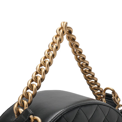 CHANEL Lambskin Matelasse Round Turn Lock 2-Way Chain Shoulder Black Gold-Tone Hardware, Pre-Owned