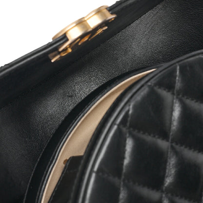 CHANEL Lambskin Matelasse Round Turn Lock 2-Way Chain Shoulder Black Gold-Tone Hardware, Pre-Owned
