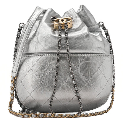 CHANEL Drawstring Matelasse Chain Shoulder Coco Charm Calfskin Silver Silver x Gold-Tone Hardware, Pre-Owned