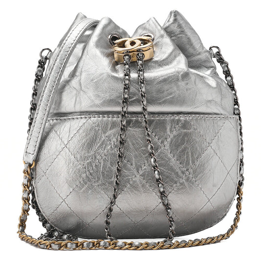 CHANEL Drawstring Matelasse Chain Shoulder Coco Charm Calfskin Silver Silver x Gold-Tone Hardware, Pre-Owned