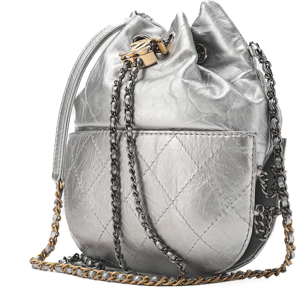 CHANEL Drawstring Matelasse Chain Shoulder Coco Charm Calfskin Silver Silver x Gold-Tone Hardware, Pre-Owned