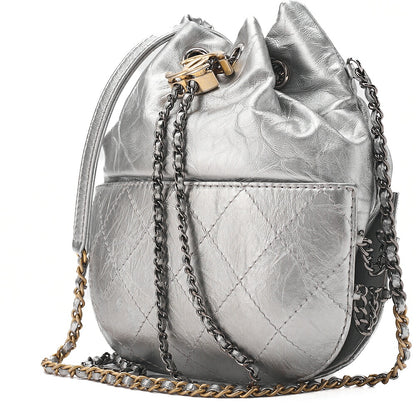 CHANEL Drawstring Matelasse Chain Shoulder Coco Charm Calfskin Silver Silver x Gold-Tone Hardware, Pre-Owned