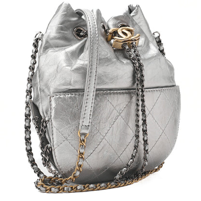 CHANEL Drawstring Matelasse Chain Shoulder Coco Charm Calfskin Silver Silver x Gold-Tone Hardware, Pre-Owned