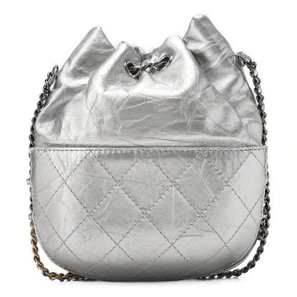CHANEL Drawstring Matelasse Chain Shoulder Coco Charm Calfskin Silver Silver x Gold-Tone Hardware, Pre-Owned