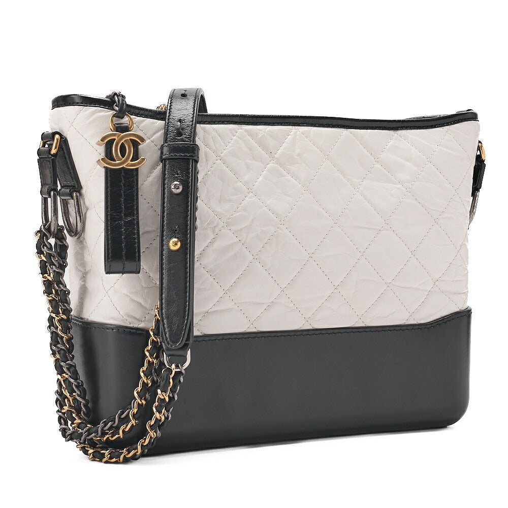 CHANEL Vintage Calf Gabrielle du Chanel Chain Shoulder White x Black Gold x Silver-Tone Hardware, Pre-Owned