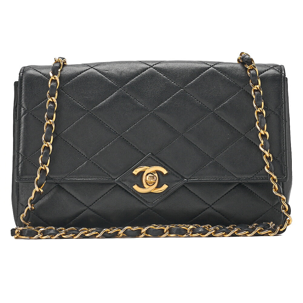 CHANEL Lambskin Matelasse V-Single Flap Chain Shoulder Black Gold-Tone Hardware, Pre-Owned
