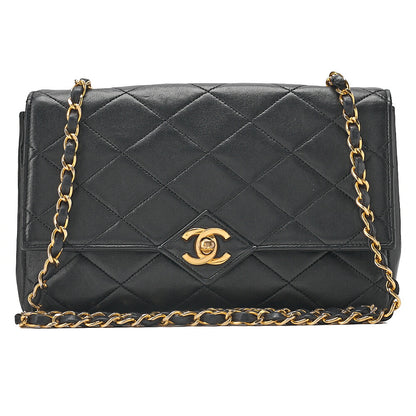 CHANEL Lambskin Matelasse V-Single Flap Chain Shoulder Black Gold-Tone Hardware, Pre-Owned