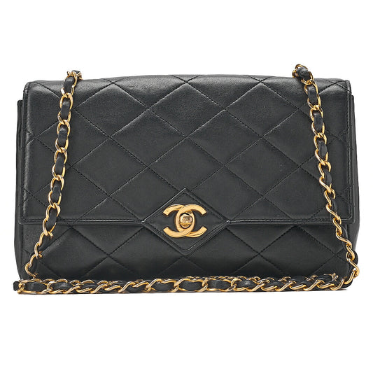CHANEL Lambskin Matelasse V-Single Flap Chain Shoulder Black Gold-Tone Hardware, Pre-Owned