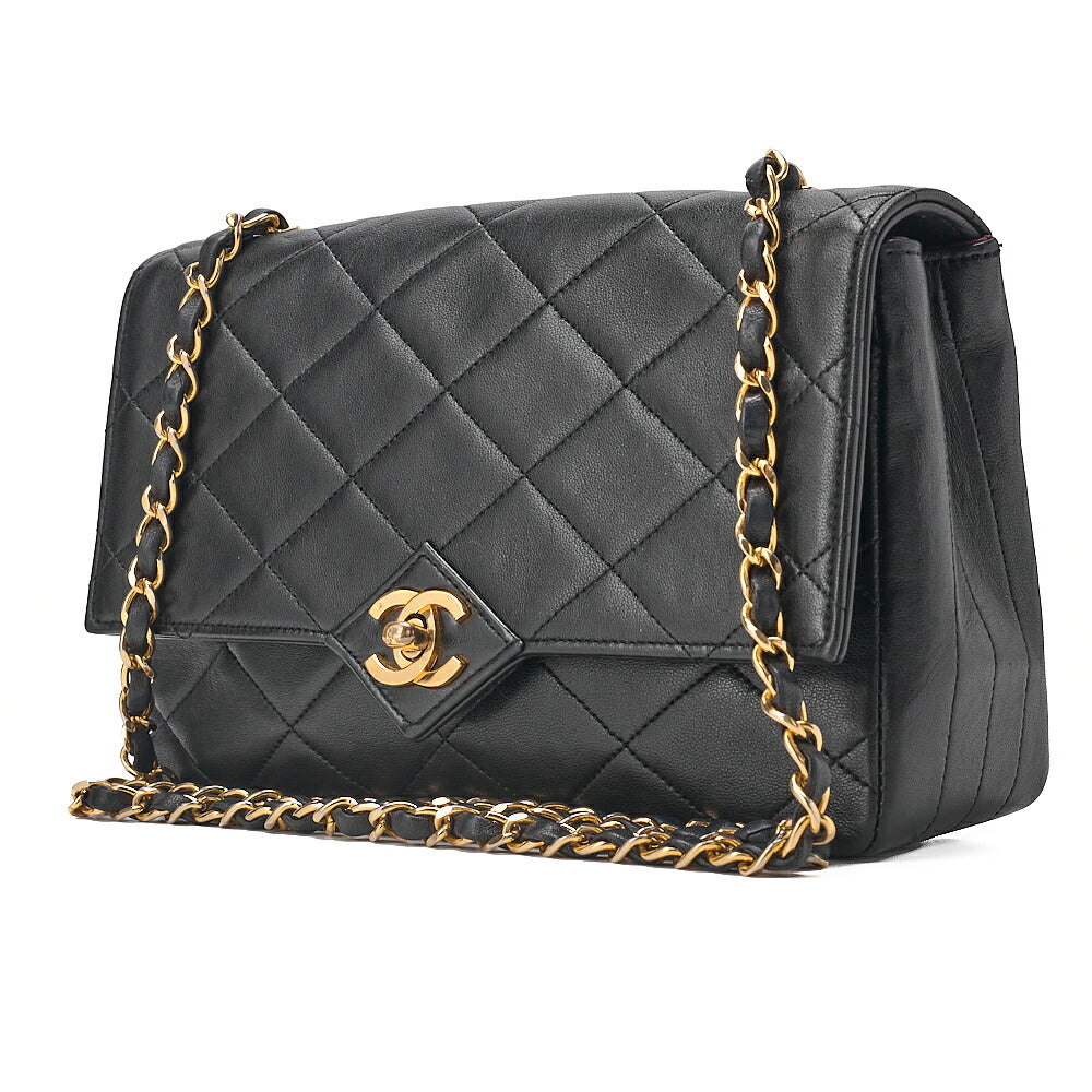 CHANEL Lambskin Matelasse V-Single Flap Chain Shoulder Black Gold-Tone Hardware, Pre-Owned
