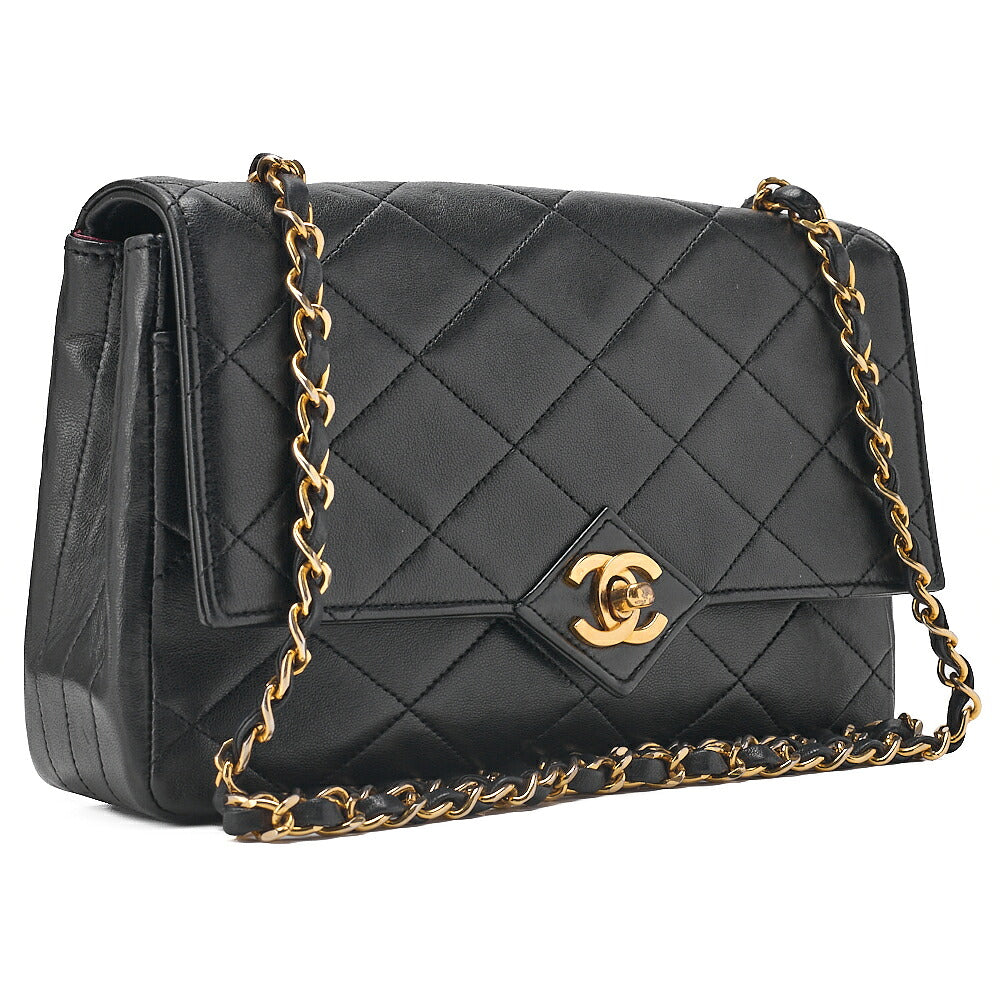 CHANEL Lambskin Matelasse V-Single Flap Chain Shoulder Black Gold-Tone Hardware, Pre-Owned