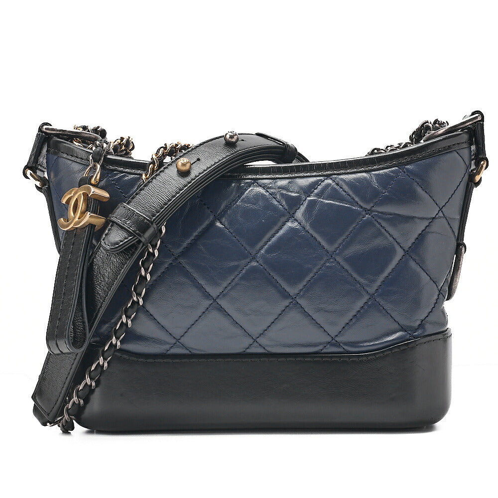 CHANEL Vintage Calf Gabrielle du Chanel Chain Shoulder Black X Navy Gold x Silver-Tone Hardware, Pre-Owned