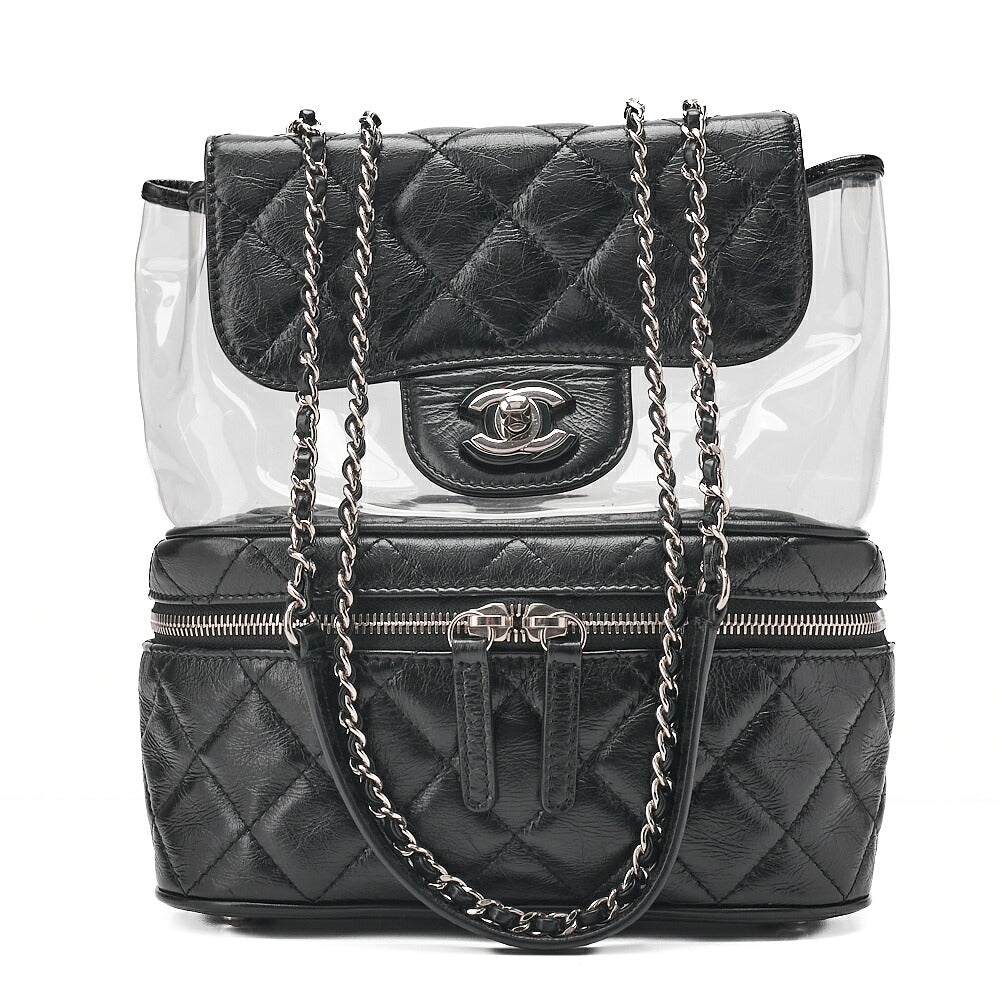 CHANEL Vintage Calf X Vinyl Matelasse Turn Lock Backpack-Type Chain Shoulder Black Silver-Tone Hardware, Pre-Owned