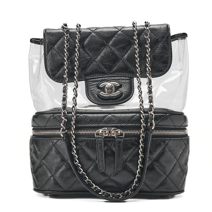 CHANEL Vintage Calf X Vinyl Matelasse Turn Lock Backpack-Type Chain Shoulder Black Silver-Tone Hardware, Pre-Owned