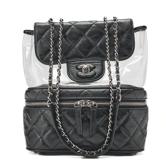 CHANEL Vintage Calf X Vinyl Matelasse Turn Lock Backpack-Type Chain Shoulder Black Silver-Tone Hardware, Pre-Owned