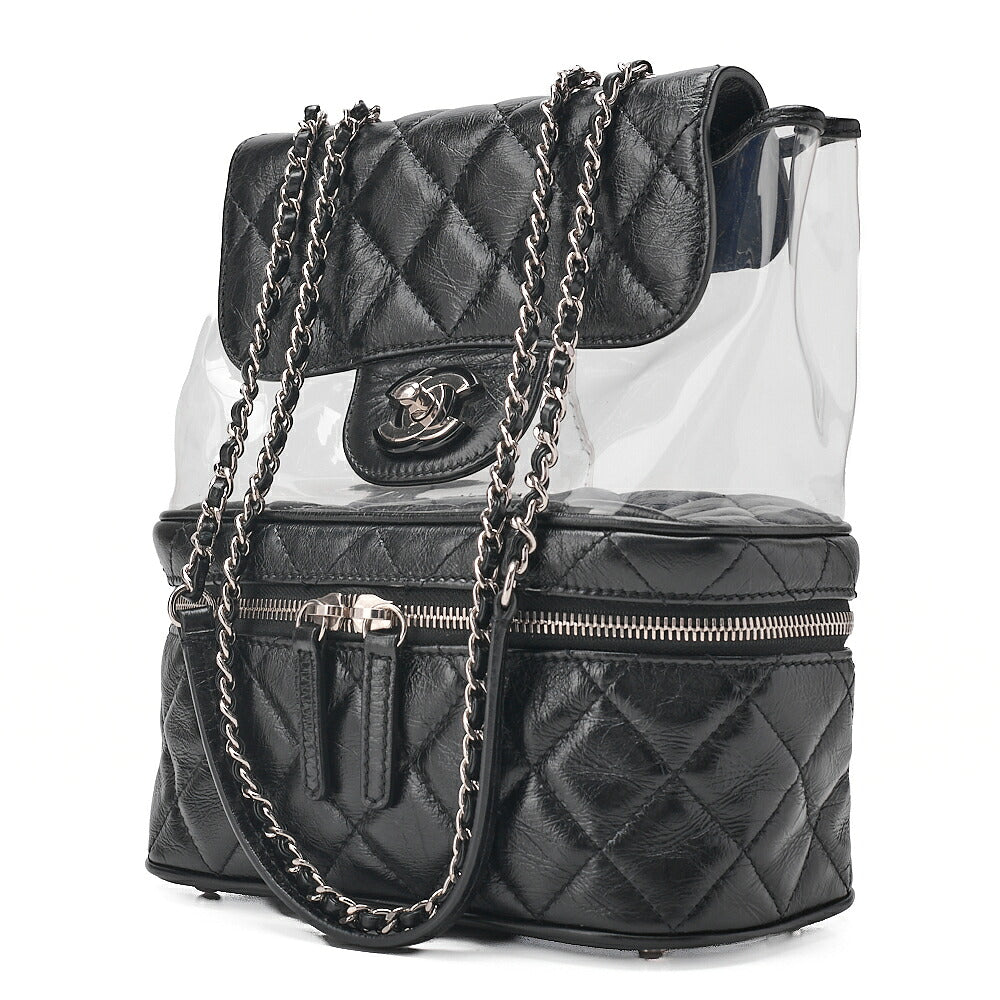 CHANEL Vintage Calf X Vinyl Matelasse Turn Lock Backpack-Type Chain Shoulder Black Silver-Tone Hardware, Pre-Owned