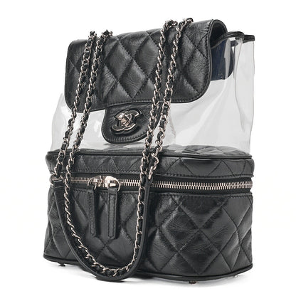CHANEL Vintage Calf X Vinyl Matelasse Turn Lock Backpack-Type Chain Shoulder Black Silver-Tone Hardware, Pre-Owned