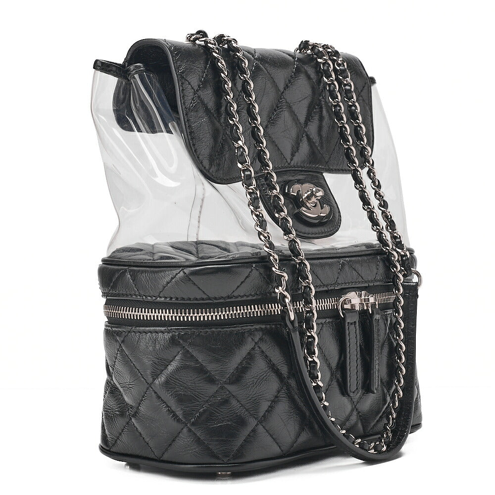 CHANEL Vintage Calf X Vinyl Matelasse Turn Lock Backpack-Type Chain Shoulder Black Silver-Tone Hardware, Pre-Owned