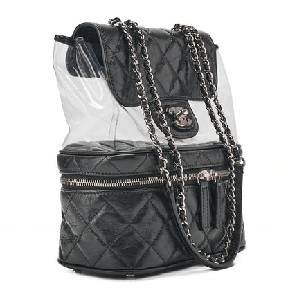 CHANEL Vintage Calf X Vinyl Matelasse Turn Lock Backpack-Type Chain Shoulder Black Silver-Tone Hardware, Pre-Owned