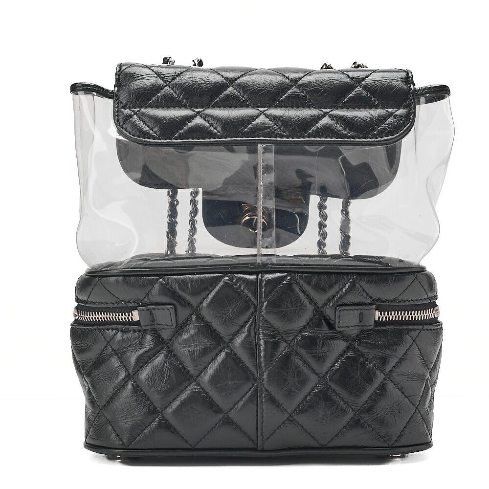 CHANEL Vintage Calf X Vinyl Matelasse Turn Lock Backpack-Type Chain Shoulder Black Silver-Tone Hardware, Pre-Owned