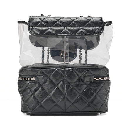 CHANEL Vintage Calf X Vinyl Matelasse Turn Lock Backpack-Type Chain Shoulder Black Silver-Tone Hardware, Pre-Owned