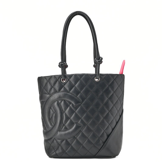 CHANEL Cambonline Matelasse Medium Calf Leather Black Tote Bag Silver-Tone Hardware, Pre-Owned