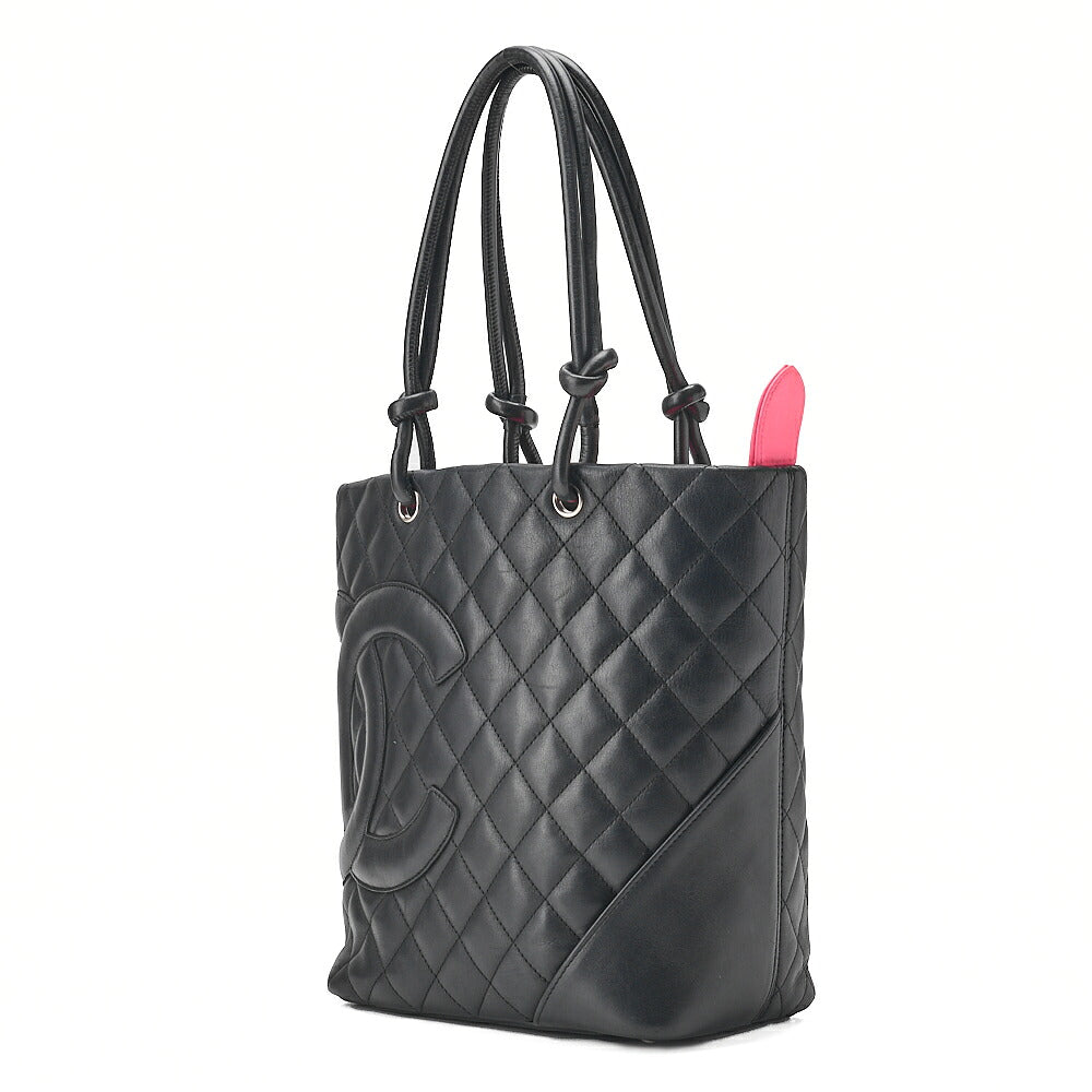 CHANEL Cambonline Matelasse Medium Calf Leather Black Tote Bag Silver-Tone Hardware, Pre-Owned