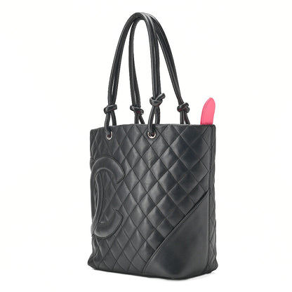 CHANEL Cambonline Matelasse Medium Calf Leather Black Tote Bag Silver-Tone Hardware, Pre-Owned