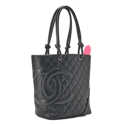 CHANEL Cambonline Matelasse Medium Calf Leather Black Tote Bag Silver-Tone Hardware, Pre-Owned